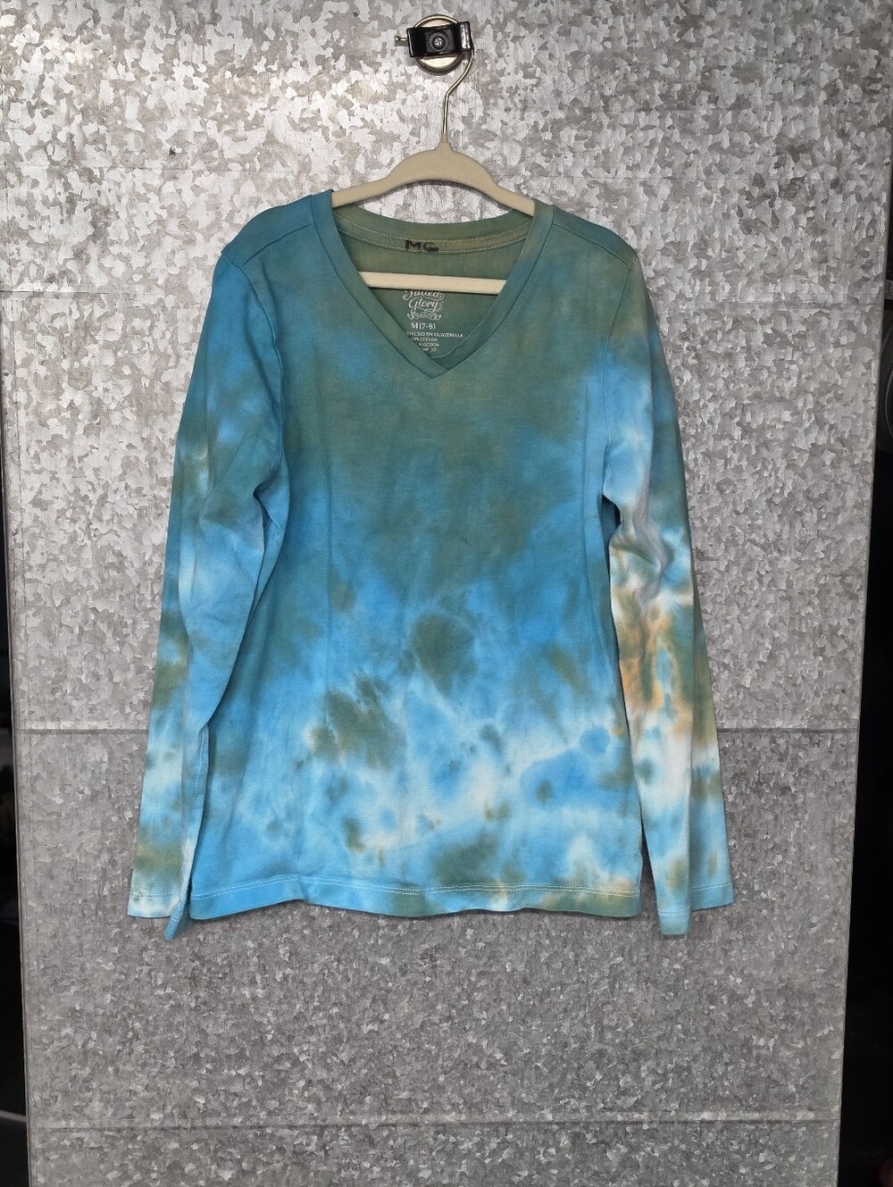 Faded Glory V Neck Long Sleeve Top Blue Dyed Girls 7-8